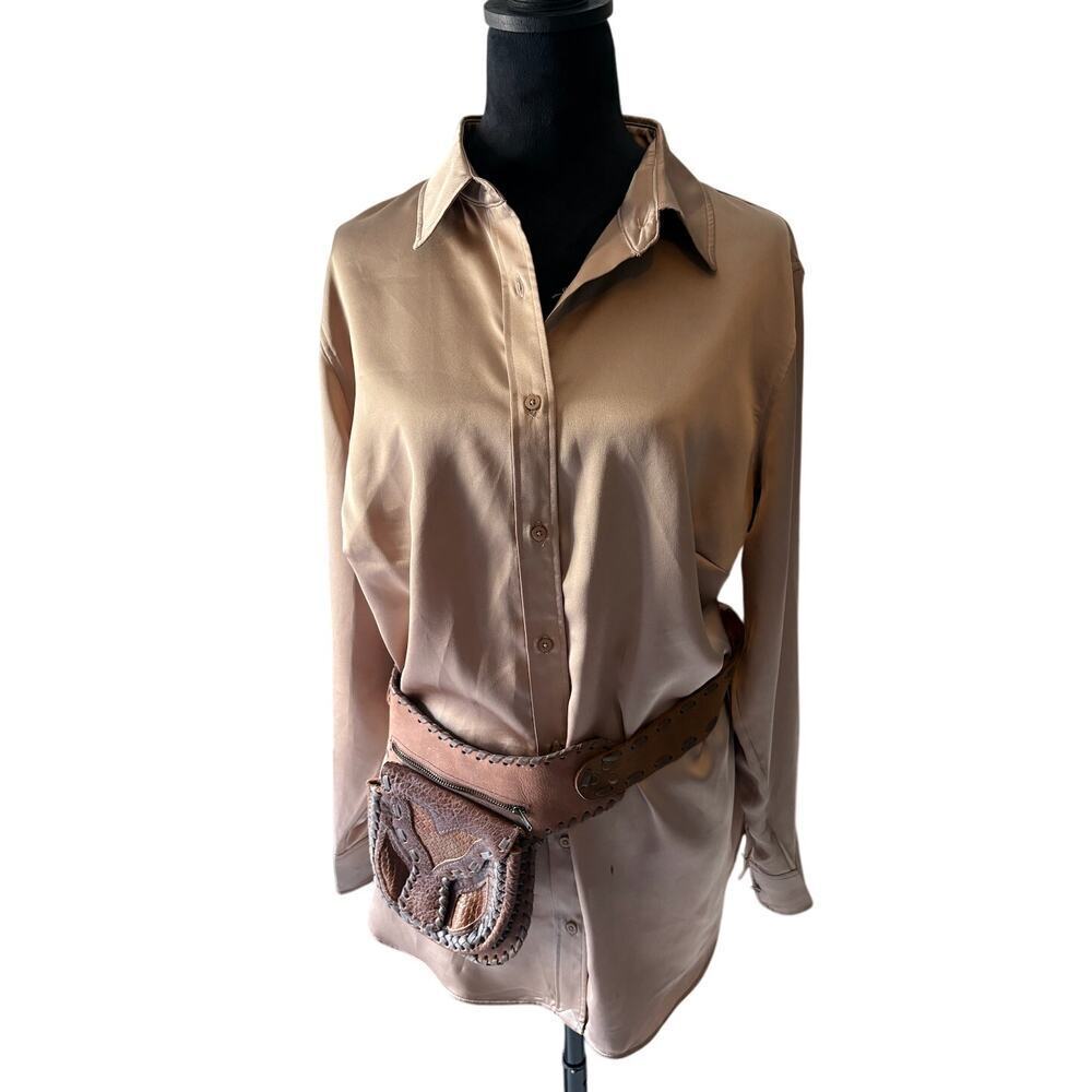 Women's 1X Lauren Ralph Lauren Satin Button Shirt Tan‎ Long Sleeve